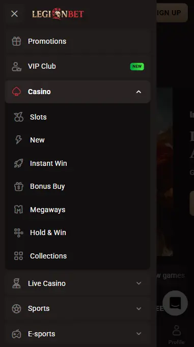 LegionBet Casino app homepage with login sign up menu and promotional banners