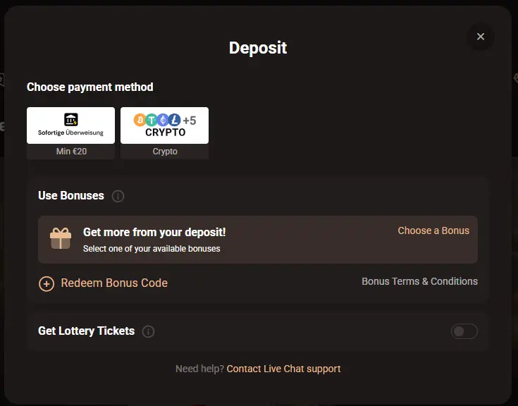 LegionBet deposit page showing available payment methods and deposit options