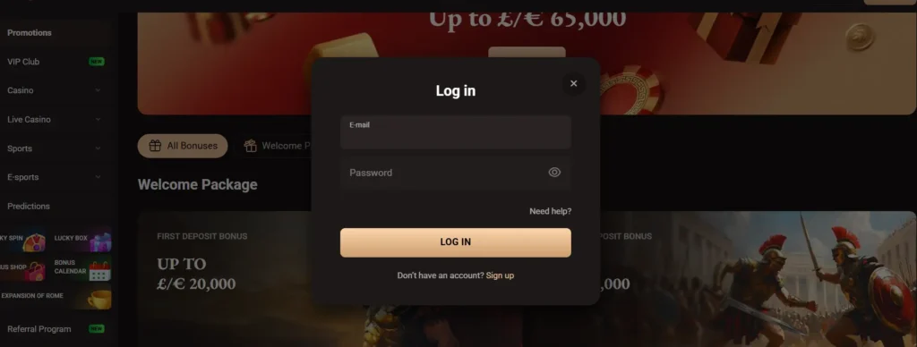 Legion Bet login page with account access form