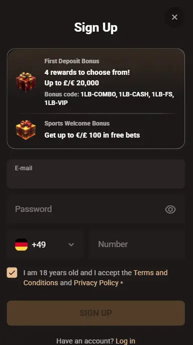 LegionBet Casino mobile app showing account registration and login options