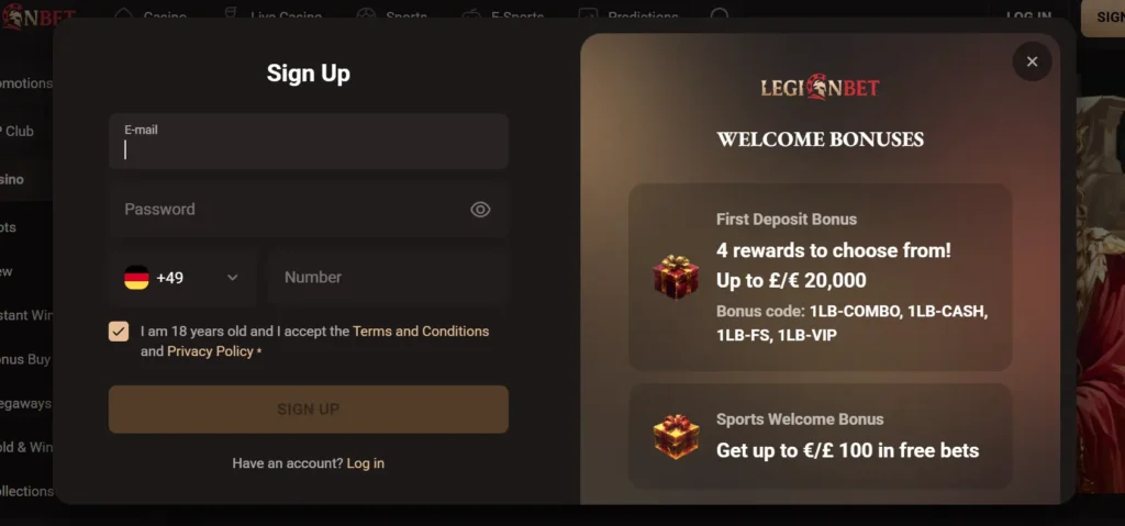 Legion Bet registration page showing the Sign Up form
