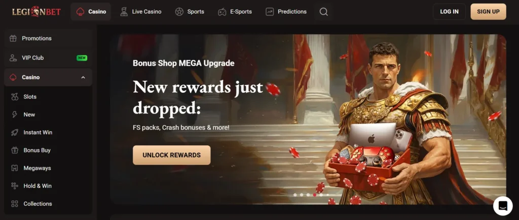 LegionBet homepage showing the main navigation menu