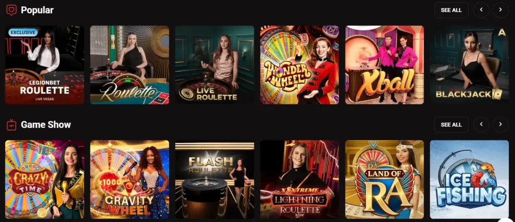 LegionBet live dealer casino with real time games and professional croupiers
