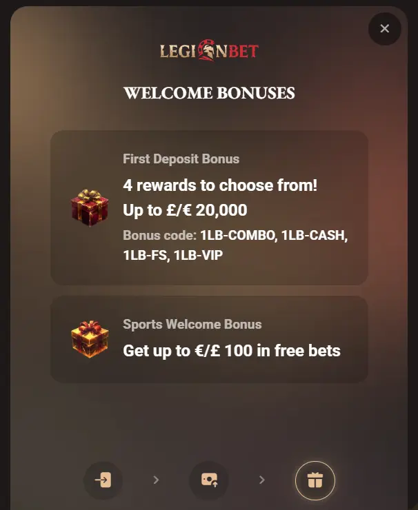 Casino Legion Bet sign up bonus activation page showing bonus registration options