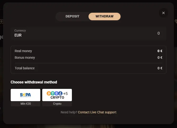 Casino LegionBet withdrawal page showing available cash out options and withdrawal methods
